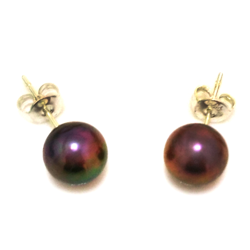 8-9mm AAA Violet Round Akoya Pearl Stud Earring,Sold by Pair