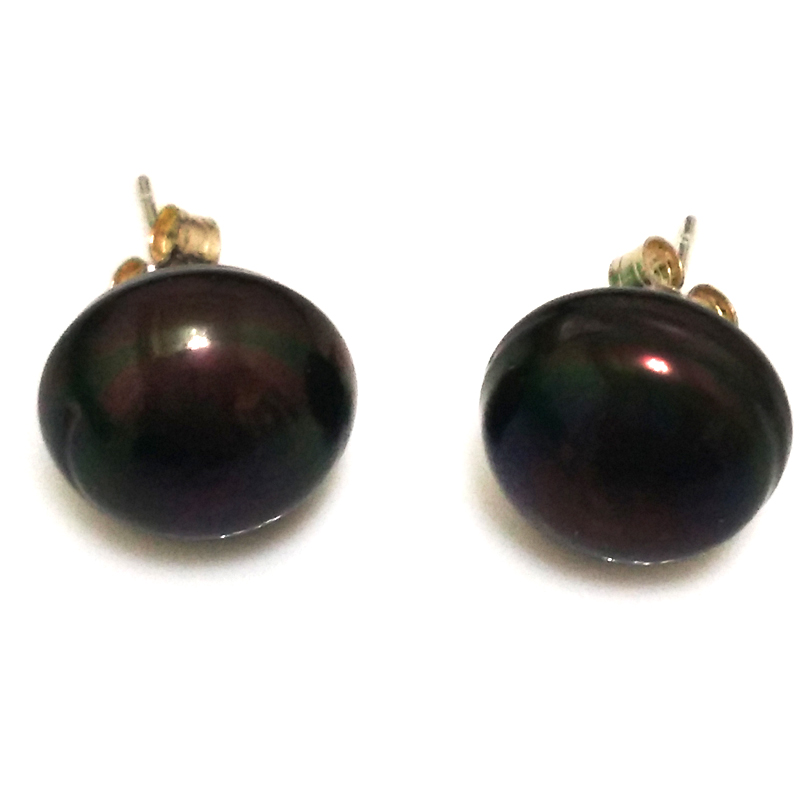 12-13mm Black Button Pearl Stud Earring,Sold by Pair