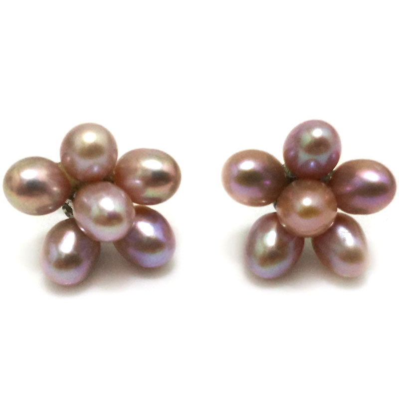 5-6mm Natural Lavender Rice Pearl Flower Style Silver Stud Earring,Sold by Pair