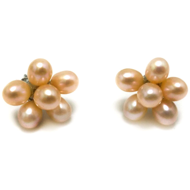 5-6mm Natural Pink Rice Pearl Flower Style Silver Stud Earring,Sold by Pair
