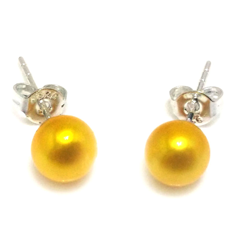 Yellow Round Pearl Earring with 925 Silver Stud