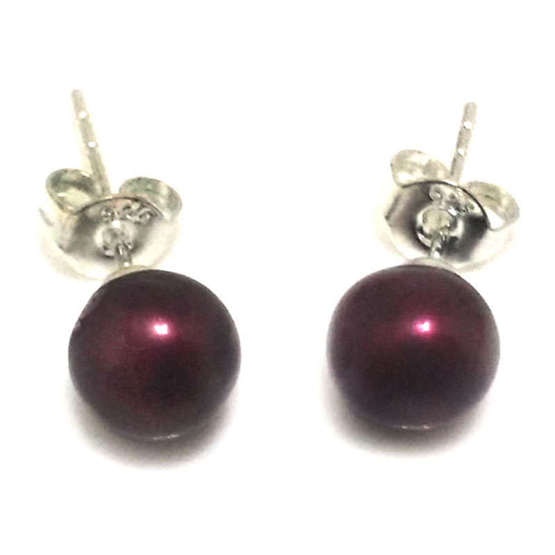 Wine Round Pearl Earring with 925 Silver Stud,Sold by Pair