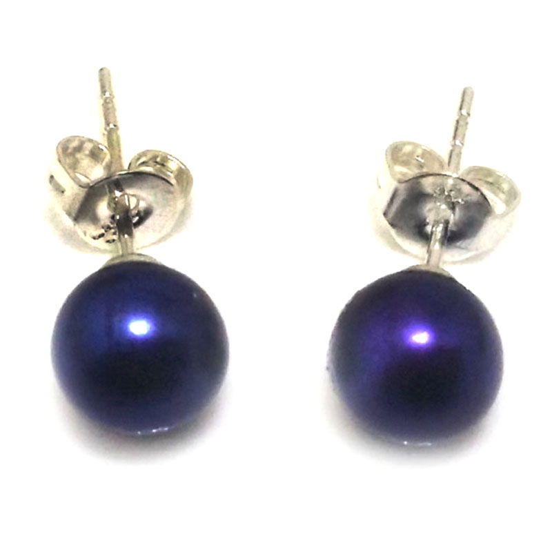 Purple Round Pearl Earring with 925 Silver Stud,Sold by Pair