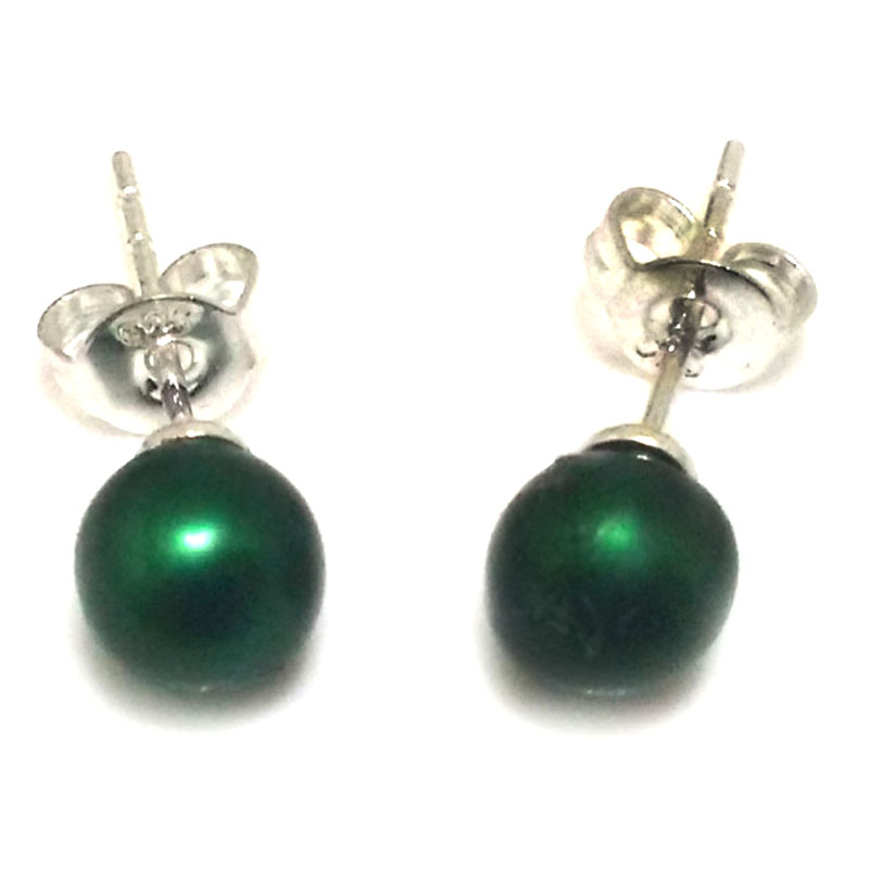 Olive Green Round Pearl Earring with 925 Silver Stud