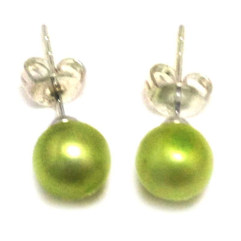 Bright Green Round Pearl Earring with 925 Silver Stud