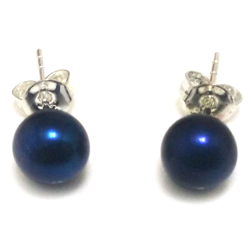 Dark Blue Round Pearl Earring with 925 Silver Stud