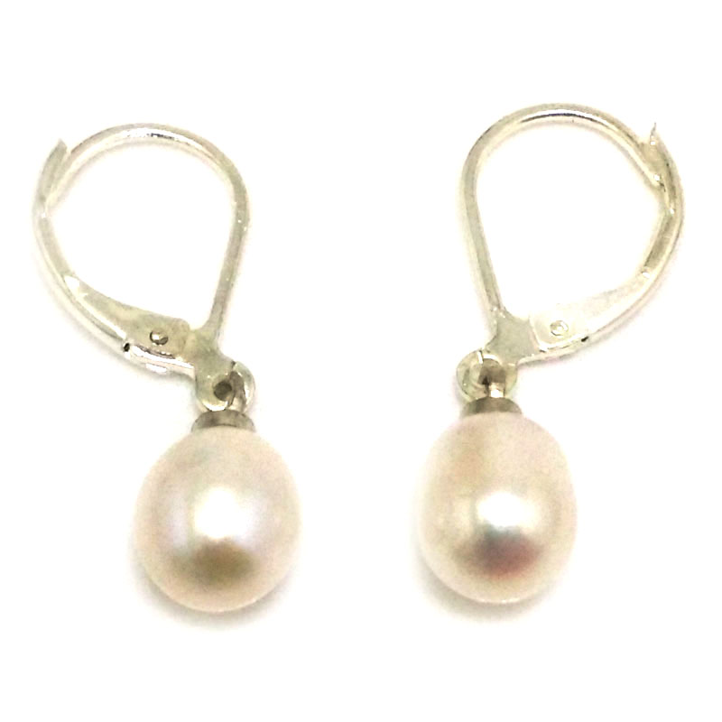 7-8mm Natural White Drop Pearl Leverback Earring