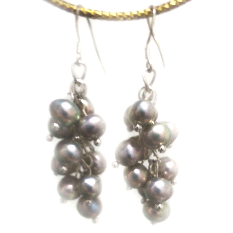 Grape Style 5-6mm Silver Gray Oval Pearl 925 Silver Drop Earring
