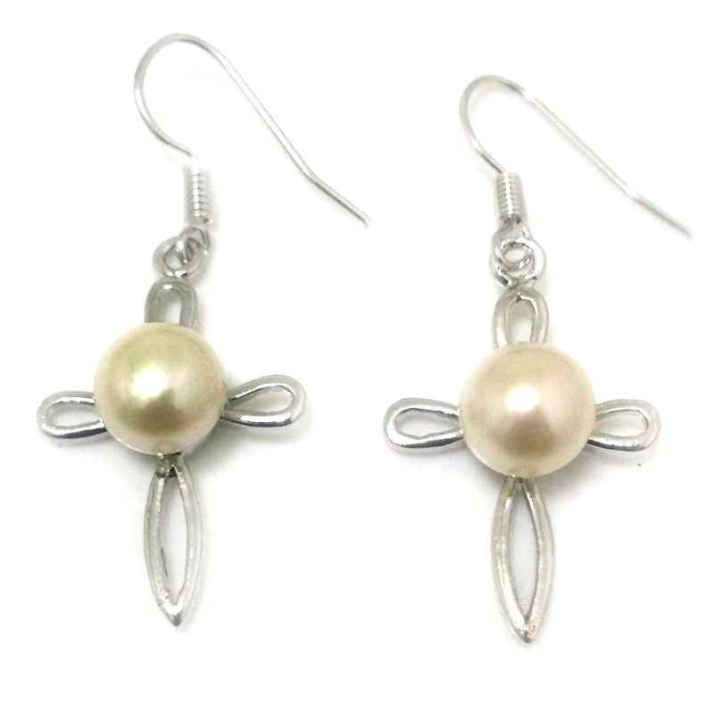 8-9mm Natural White Button Pearl Cross Style 925 Hook Earring