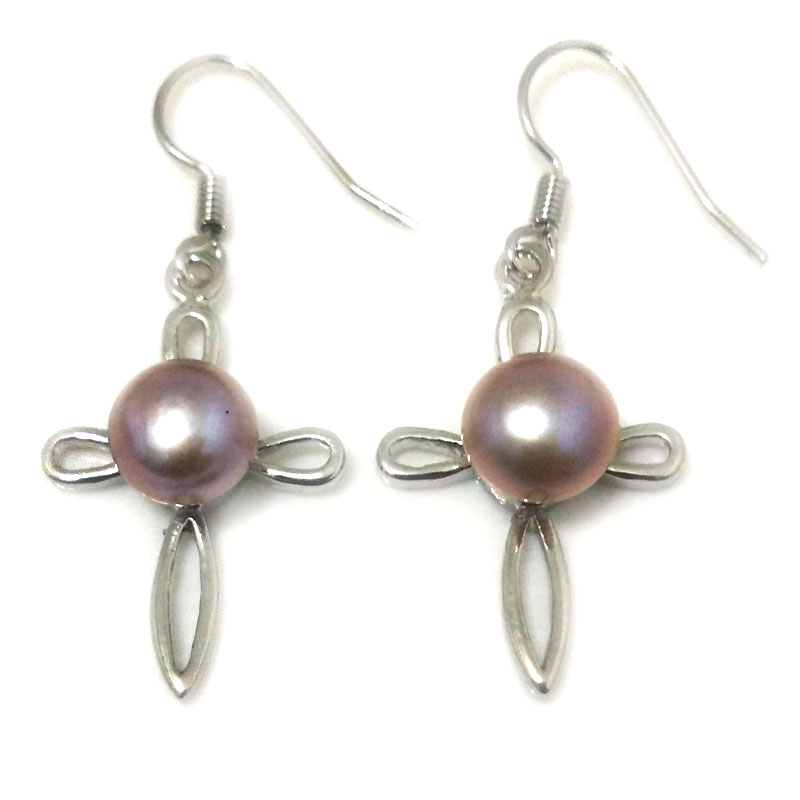 8-9mm Natural Lavender Button Pearl Cross Style Hook Earring