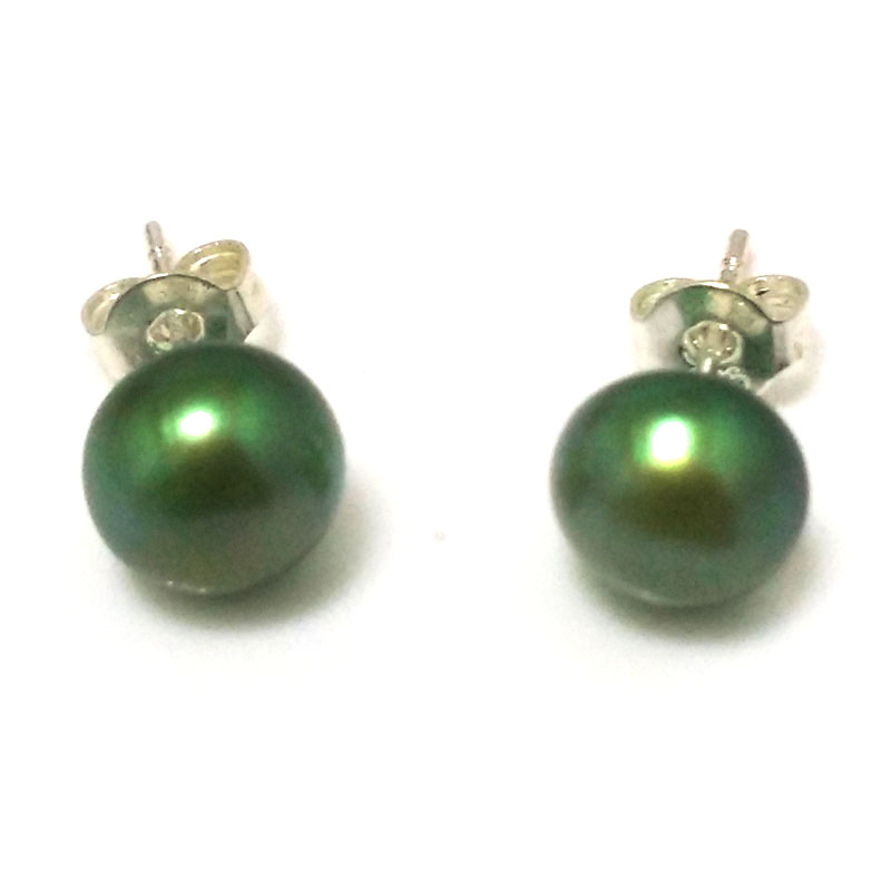 8-9mm Dark Green Natural Freshwater Button Pearl Stud Earring