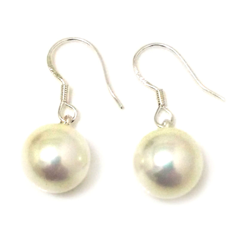 Wholesale 10-11mm Shiny White Round Shell Pearl 925 Silver Earring