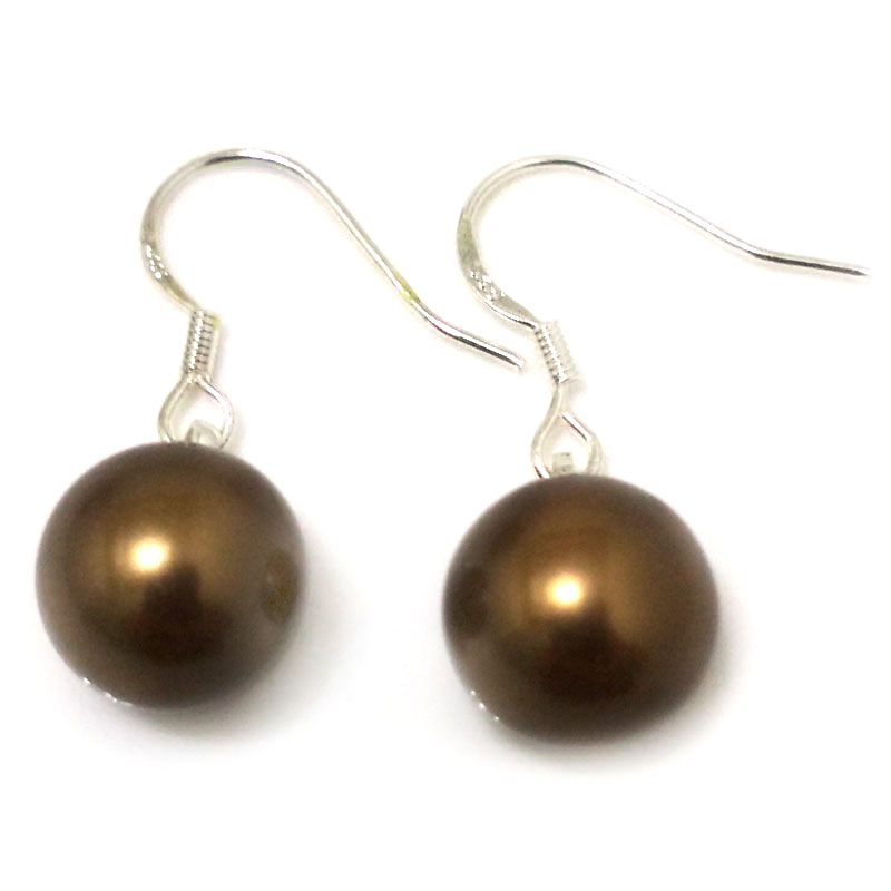 Wholesale 10-11mm Shiny Brown Round Shell Pearl 925 Silver Earring
