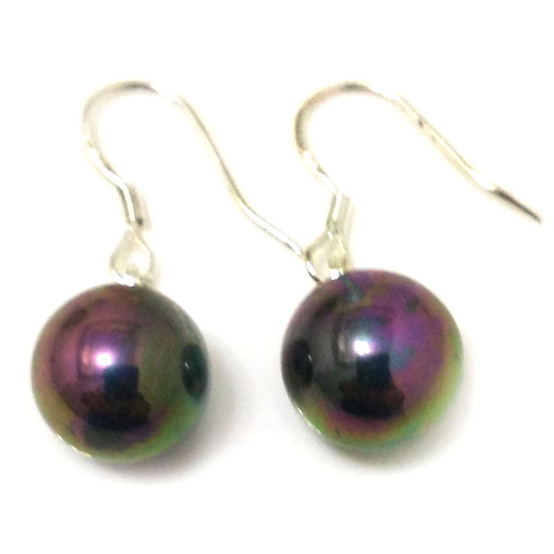Wholesale 10-11mm Shiny Black Round Shell Pearl 925 Silver Earring