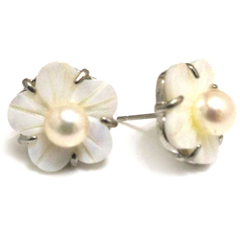 ½ inches 6-7mm White Button Pearl Natural Shell Flower 925 Silver Stud Earring