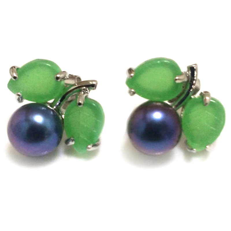 8-9mm AAA Black Button Pearl Stud Earring with Green Jade Leaf
