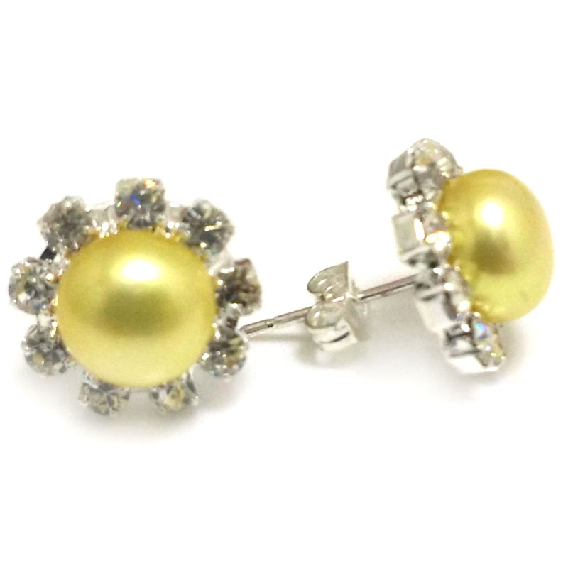 8-9mm Yellow Natural Button Pearl Zirconia Stud Earring