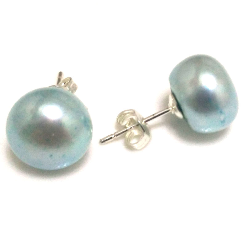 11-12mm Light Blue Natural Freshwater Button Pearl Stud Earring