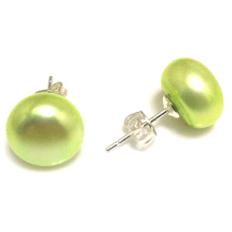 11-12mm Light Green Natural Freshwater Button Pearl Stud Earring