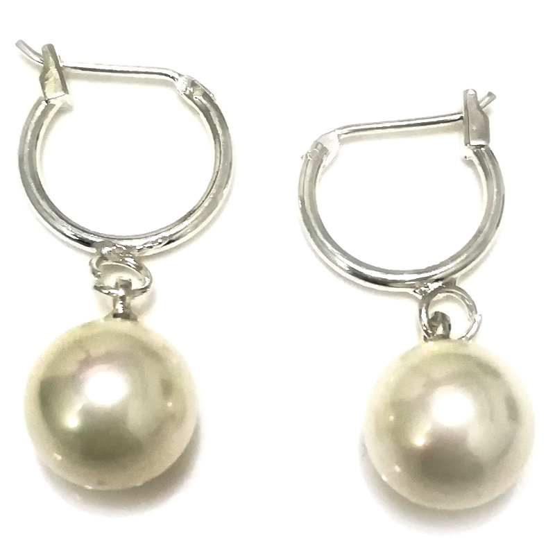 10-11mm Shiny White Round Shell Pearl 925 Silver Leverback Earring