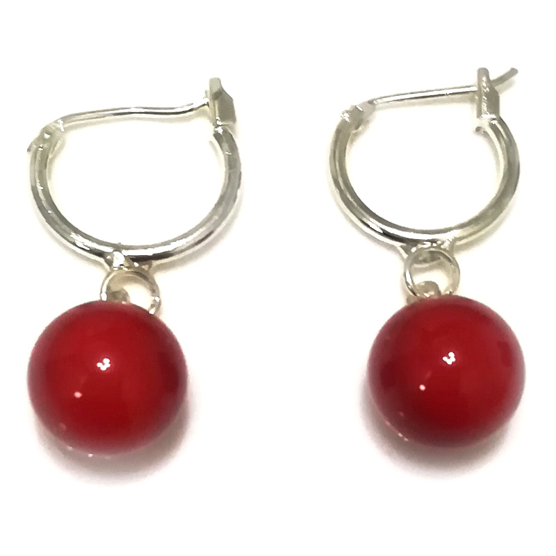 10-11mm Shiny Red Round Shell Pearl Sterling Silver Leverback Earring