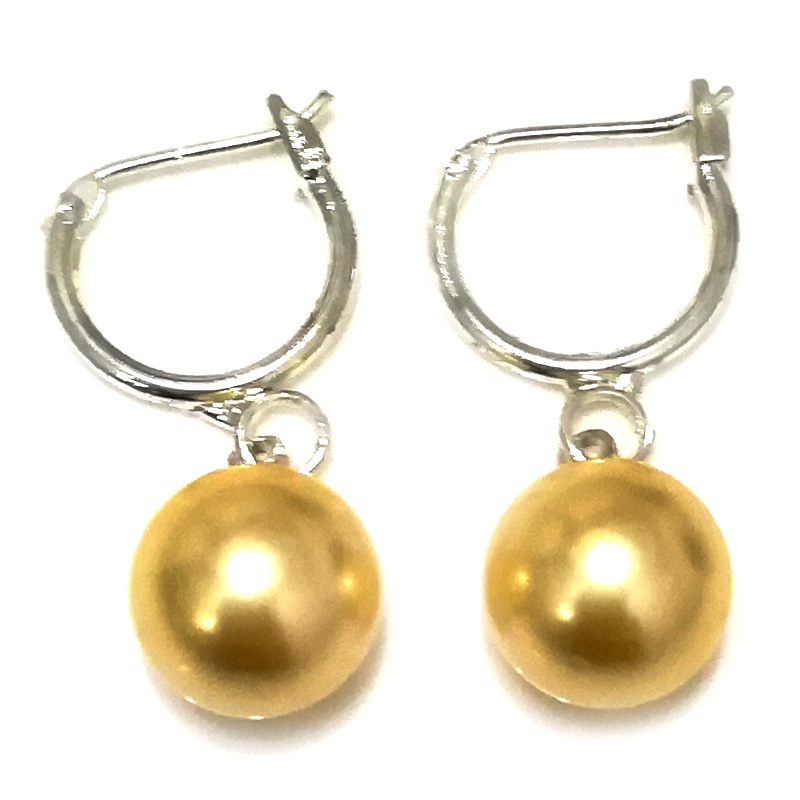 10-11mm Shiny Gold Round Shell Pearl Sterling Silver Leverback Earring