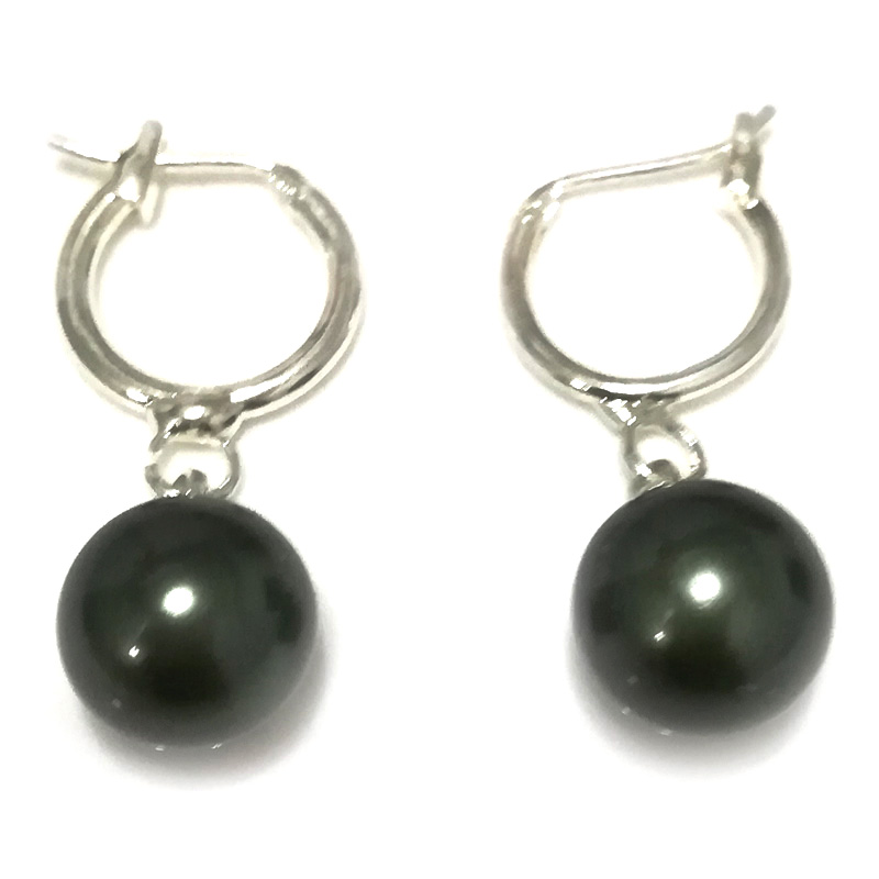 10-11mm Shiny Black Round Shell Pearl Sterling Silver Leverback Earring