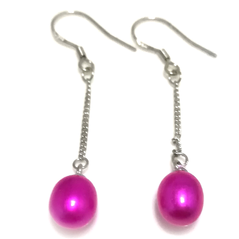 Wholesale 7-8mm Single Hot Pink Pearl Drop Earring with 925 Silver Hook