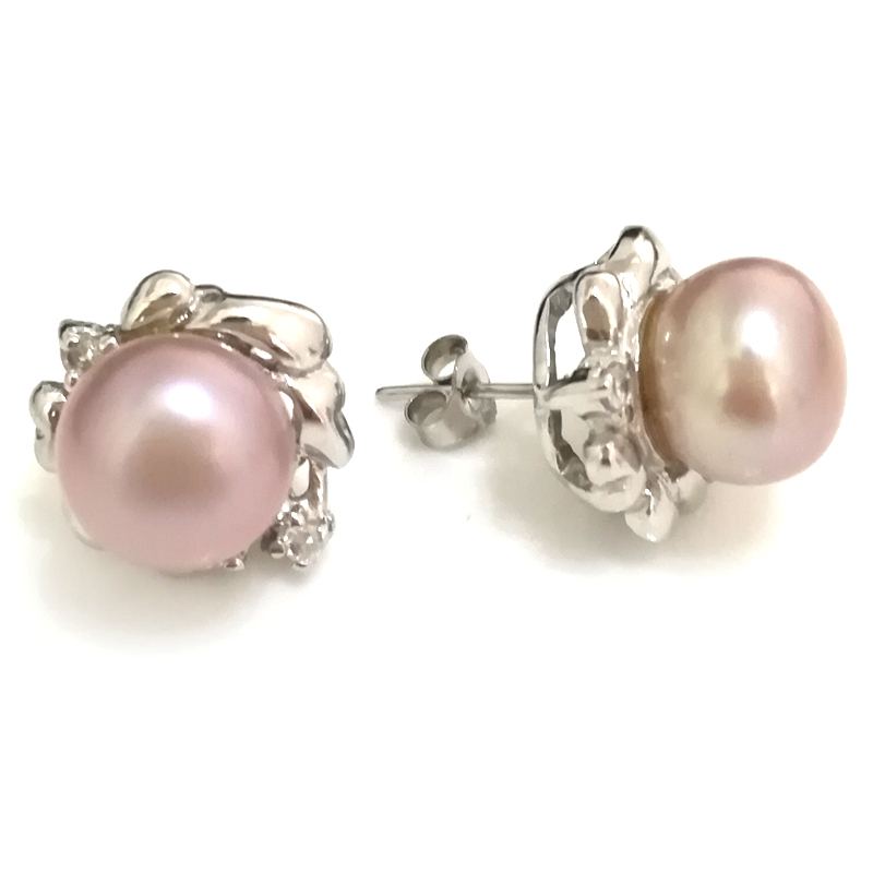 9-10mm AAA Natural Lavender Button Pearl 925 Sterling Stud Earring
