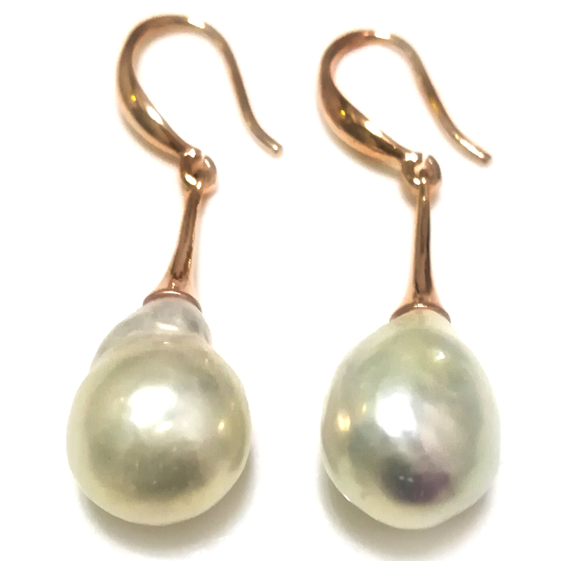 11-12mm AAA Natural White High Luster Baroque Pearl Yellow Gold Filled Earring