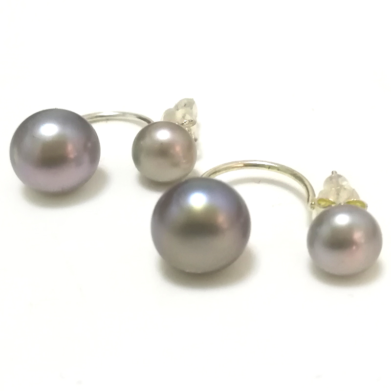 7mm & 10mm 925 Silver Gray Button Double Sided Pearl Earring