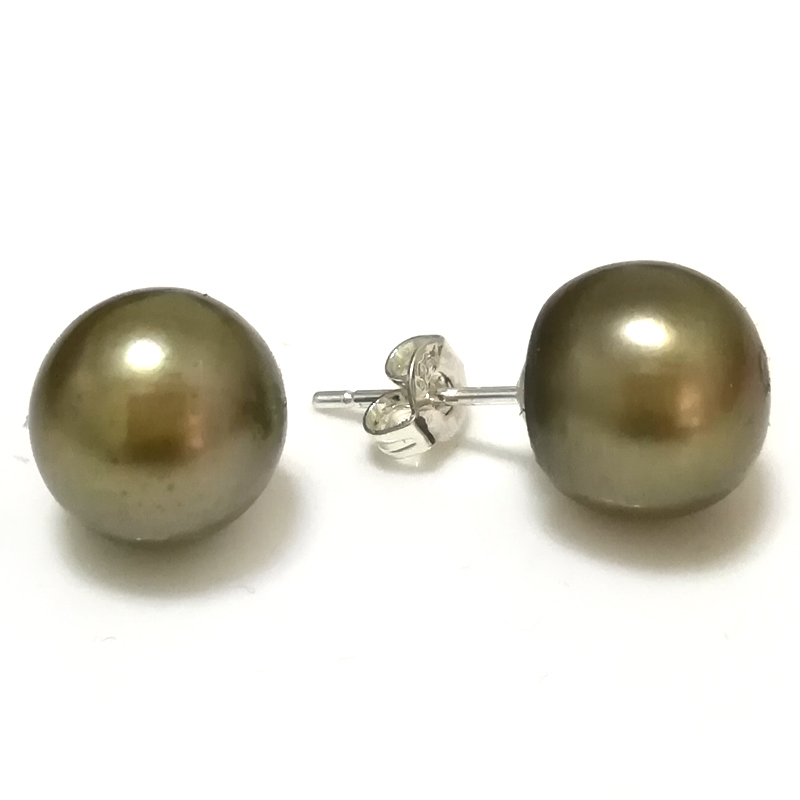 11-12mm Army Green Natural Freshwater Button Pearl Stud Earring