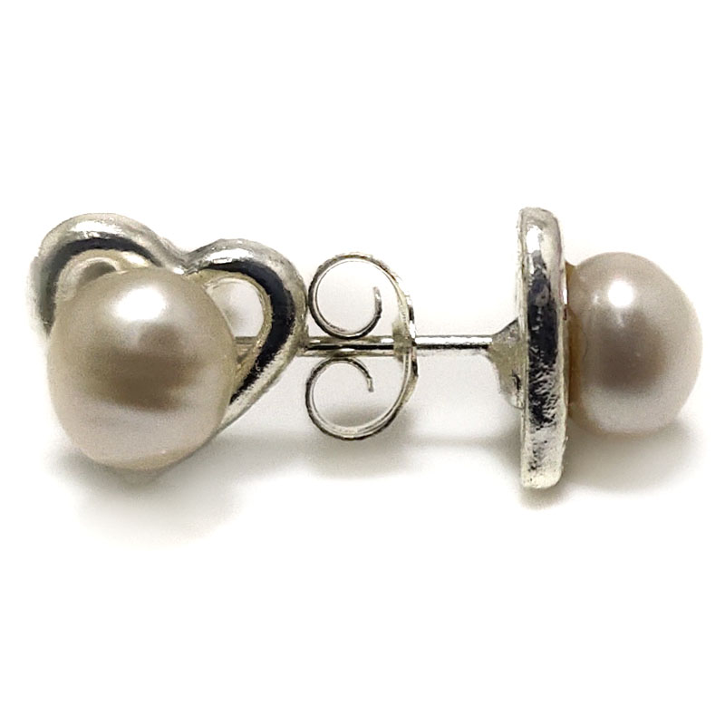 6-7mm White Button Pearl 925 Sterling Silver Heart Style Earring