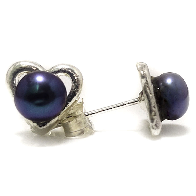 6-7mm Black Button Pearl 925 Sterling Silver Heart Style Earring