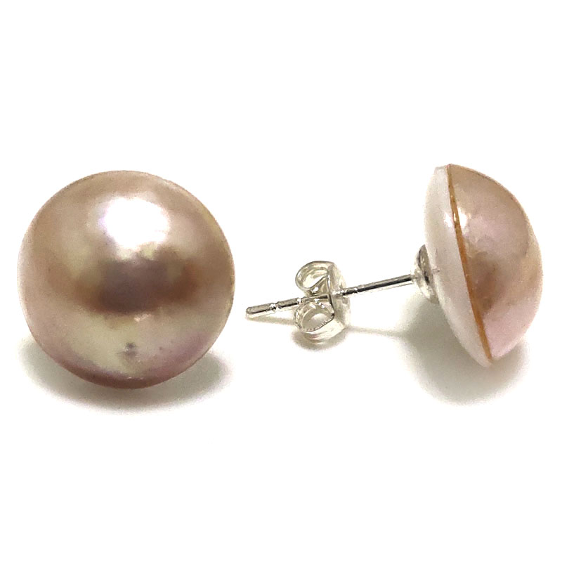 14-15mm Natural Pink Mabe Pearl Earring with 925 Sterling Silver Stud