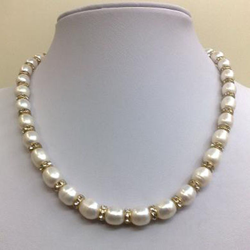 16 inches 6-7mm White Rice Pearl Diamound Spacer Necklace