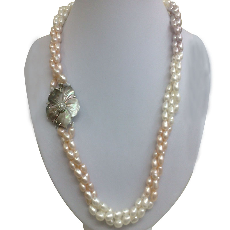 17 inches White/Pink/Lavender Pearl Necklace with Shell Clasp