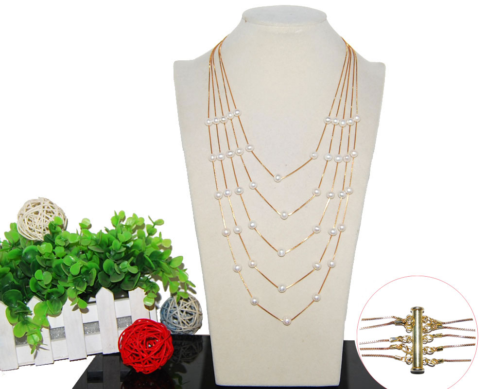 18-28 inches 5 rows White Pearl Gold Chain Necklace