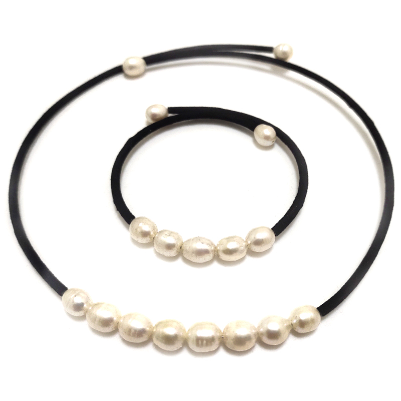 7-8m White Pearl Necklace & Bracelet Memory Wire Jewelry Set