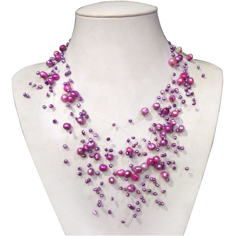 17 inches 4-8mm AA Violet Pearl Multilayered Illusion Necklace