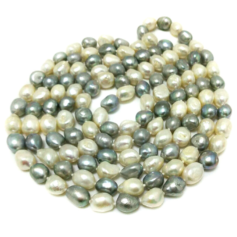 64 inches 11-12mm White and Silver Baroque Pearl Necklace