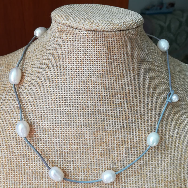 18 inches 11-12mm White Rice Pearls and Silver Leather Necklace