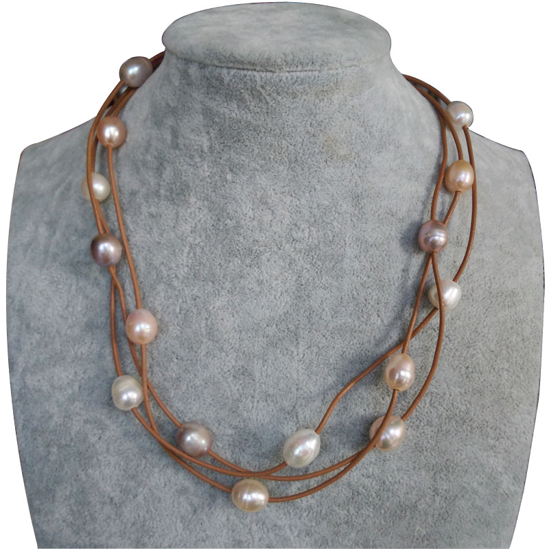 17 inches 3 Rows Brown Leather 11-12mm Multicolor Pearl Necklace