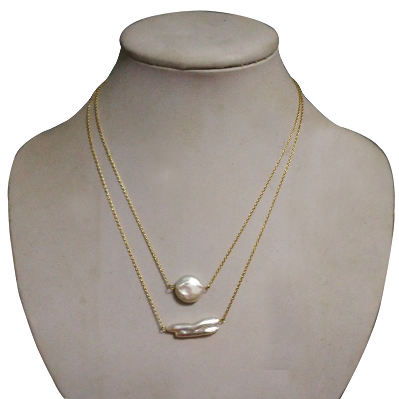 16-17 inches Yellow Gold Filled White Coin & Biwa Pearl Necklace