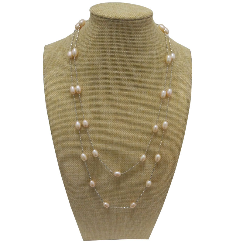 47 inches 7-8mm Pink Rice Pearl Long Chain Tin Cup Necklace