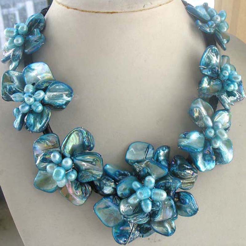 18 inches Natural Leather Seven Blue Shell Flower Necklace