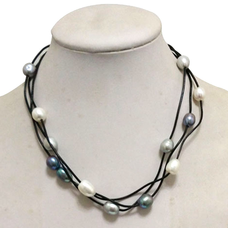 17 inches 3 Rows Leather 11-12mm White-Black-Gray Pearl Necklace