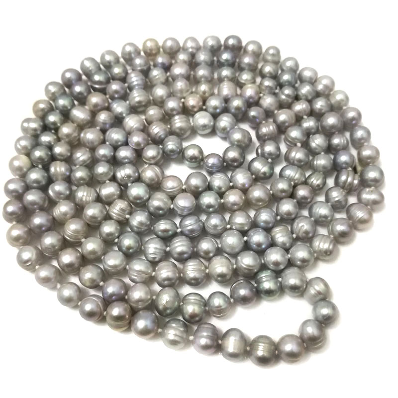 64 inches 8-9mm Potato Shaped Silver Gray Pearl Necklace