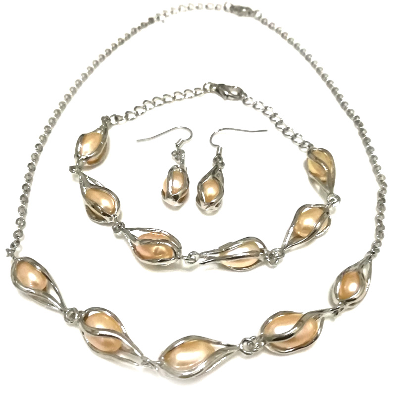 16 inches 7-8mm Natural Pink Rice Pearl Chain Necklace Set