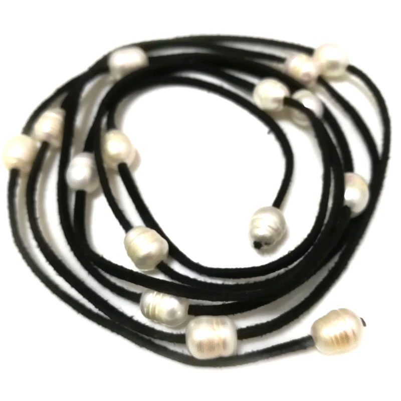62 inches 9-10mm White Rice Pearl Black Leather Necklace